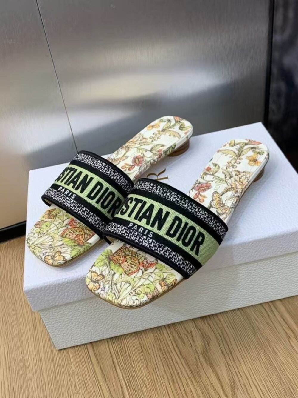 Dior Plan de Paris Printed Flat Mules Lime Green Band Designer Slide Sandals
